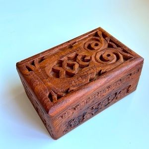 Vintage Hand Carved Wood Hinged Owl Trinket Box